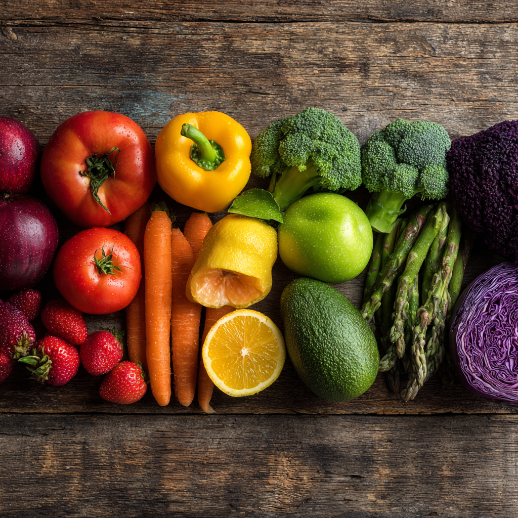 Fresh colorful fruits and vegetables arranged beautifully on wooden surface, showing natural foods beneficial for eye health