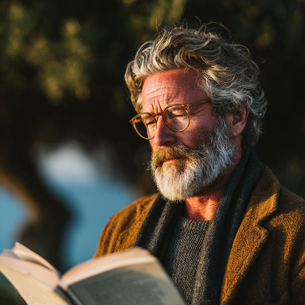 Mature man in glasses reading book outdoors in natural lighting, demonstrating healthy reading habits for eye care